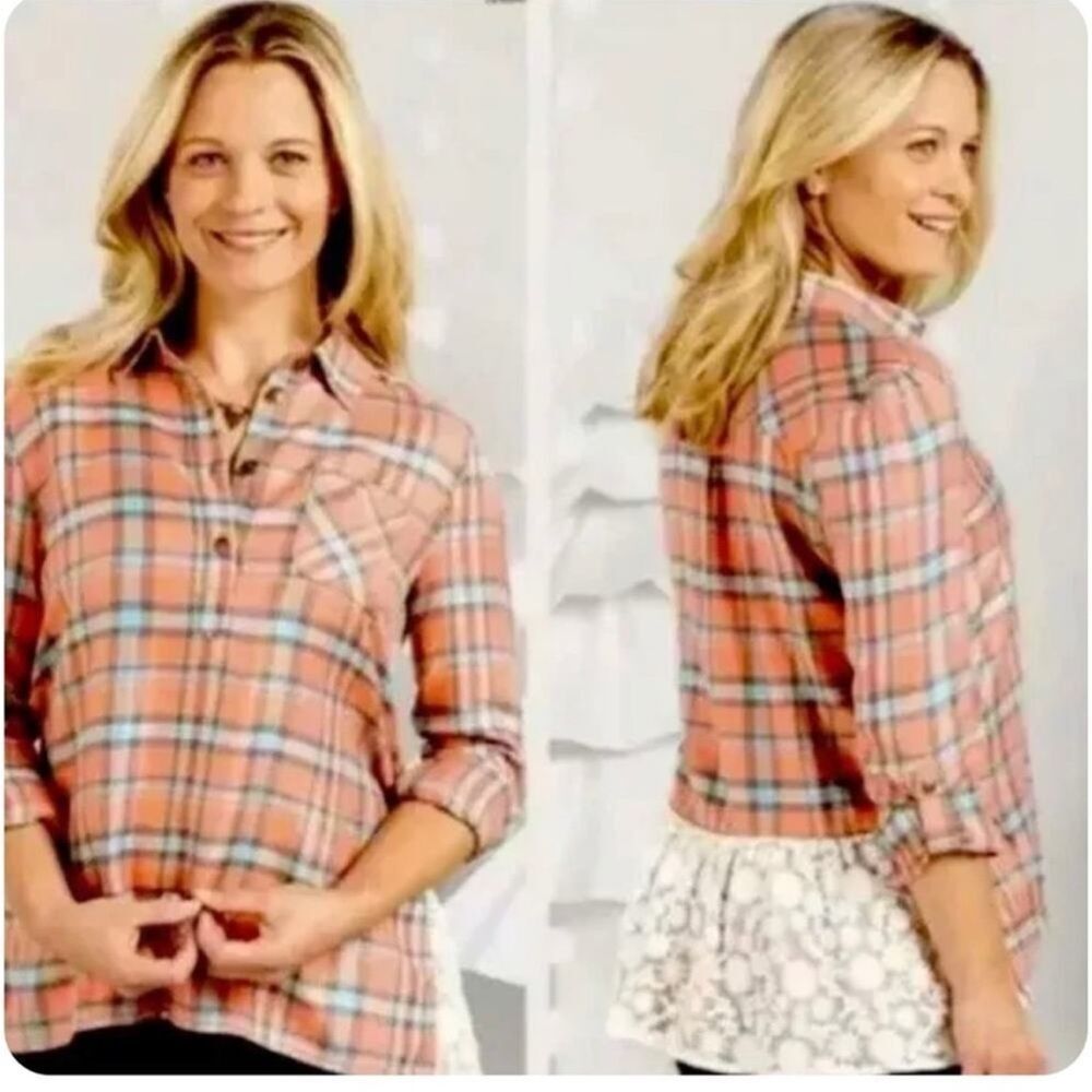 Matilda Jane Noble Button Down Plaid Coral Lace Cottagecore Tunic Top small